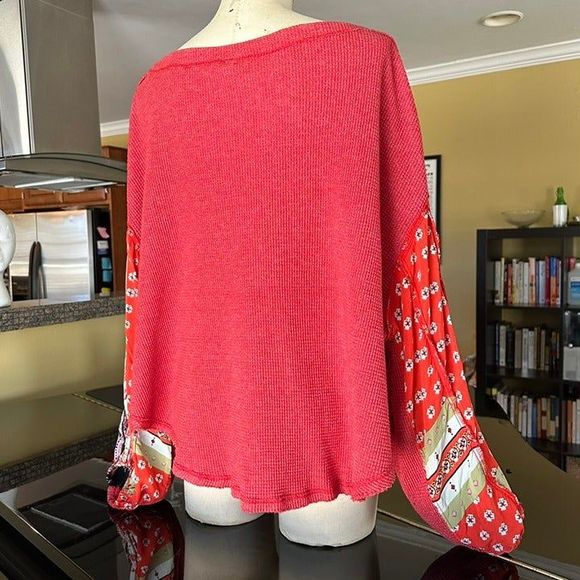 We The Free Waffle Knit Mixed Media Oversized Thermal Drapey Paisley Sleeve Top - Picture 7 of 12